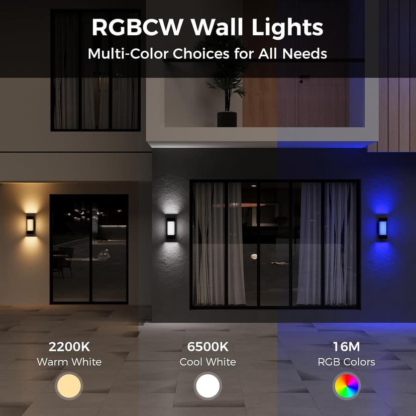 XMCOSY+ Outdoor Wall Lights, 2100LM Smart LED Porch Lights Outdoor, RGBCW Exterior Lighting Sconce, Wi-Fi Control, Compatible with Alexa, IP65 Waterproof, 2 Pack