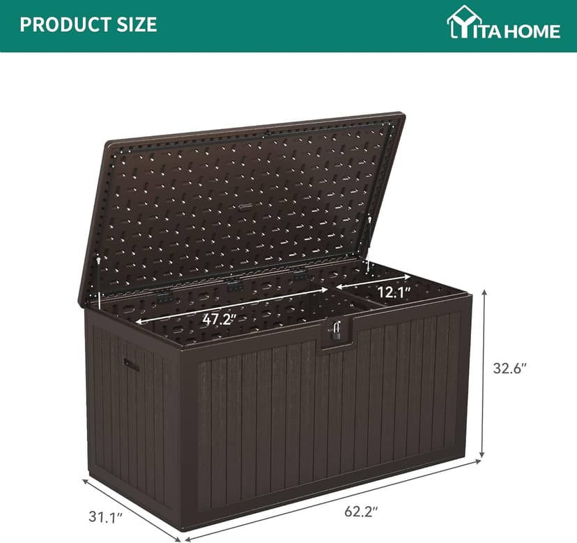 YITAHOME 230 Gallon Double-Wall Deck Box with Divider & Side Handles, Outdoor Large Storage for Patio Furniture Cushions, Garden Pool Accessories, Water Resistant & Lockable