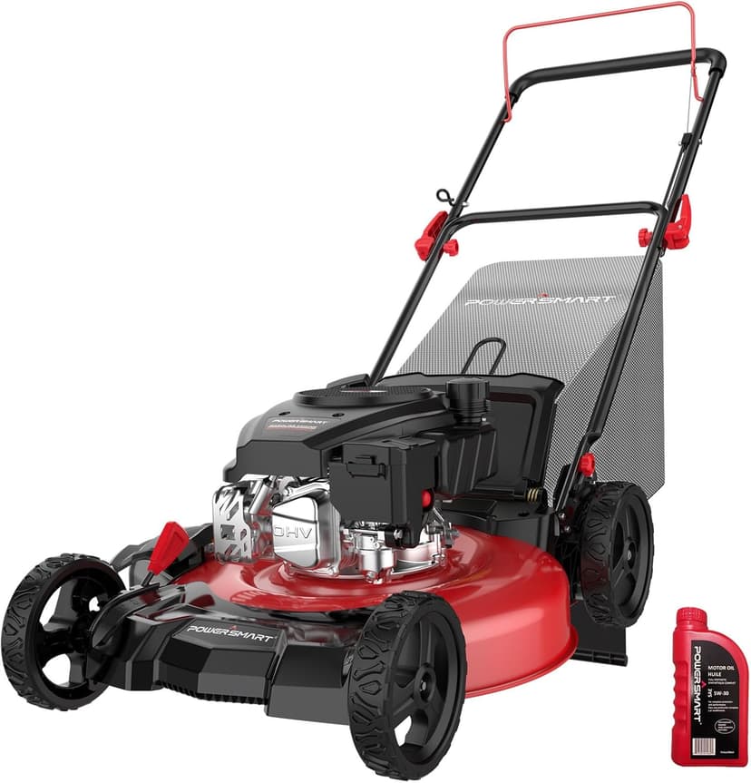 PowerSmart Gas Lawn Mower 21-inch with 144cc OHV Engine 3-in-1 Push Mower with Bagging, Mulching, Side-Discharge, 6-Position Height Adjustment