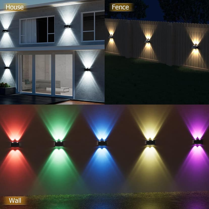 Solar Fence Lights Outdoor, 12 Pack Warm & Cool White RGB LED IP68 Waterproof Wall Mount Sconce Up & Down Solar Lights for Outside Garden Patio Backyard Garage Step（Black