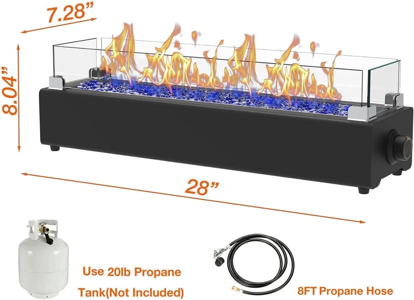 28-inch Table Top Propane Fire Pit, 40,000 BTU Tabletop Firepit for Patio, Outdoor Portable Fireplace Rectangular Fire Bowl w/Wind Glass Shield, Glass Rocks - Black