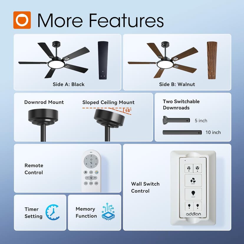 addlon Ceiling Fans with Lights, 52 inch Black Ceiling fan with Light and Remote Control, Reversible, 3CCT, Dimmable, Noiseless, Ceiling Fan for Bedroom, Farmhouse, living room, Indoor/Outdoor Use