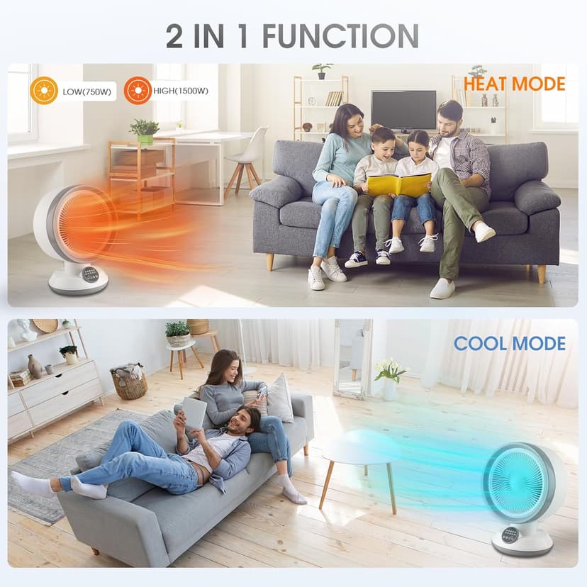 2 in 1 Heater Fan Combo, 1500W Portable Space Heater with Adjustable Temperature, Electric Cooling Fan with Oscillating,Overheat & Tip-Over Protection, Ideal for Home & Office Use