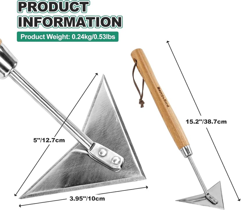 Triangle Hand Hoe, 15.2'' Winged Weeder Garden Hoes with Short Wood Handle, Gardener Stainless Steel Warren Hoe, Garden Weeder Hoe Tool for Quickly Weeding, Edging and Gardening Tools
