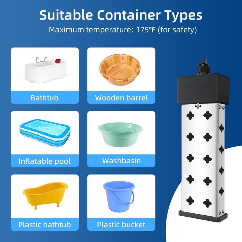 Portable Water Heater for Bathtub and Bucket, 1800W Fast Heating with Real Time Temperature Display, Adjustable Thermostat and Anti Dry Burn Protection, Stainless Steel Heating Rod, Immersion Heater