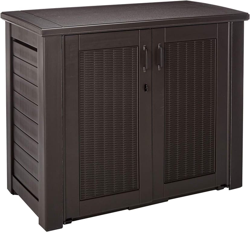 Rubbermaid Decorative Outdoor Storage Cabinet (123 Gal), Weather Resistant, Dark Brown, Organization for Home/Backyard/Pool Chemicals/Toys/Garden Tools/Porch/Patio Cushions