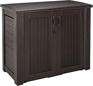Rubbermaid Decorative Outdoor Storage Cabinet (123 Gal), Weather Resistant, Dark Brown, Organization for Home/Backyard/Pool Chemicals/Toys/Garden Tools/Porch/Patio Cushions