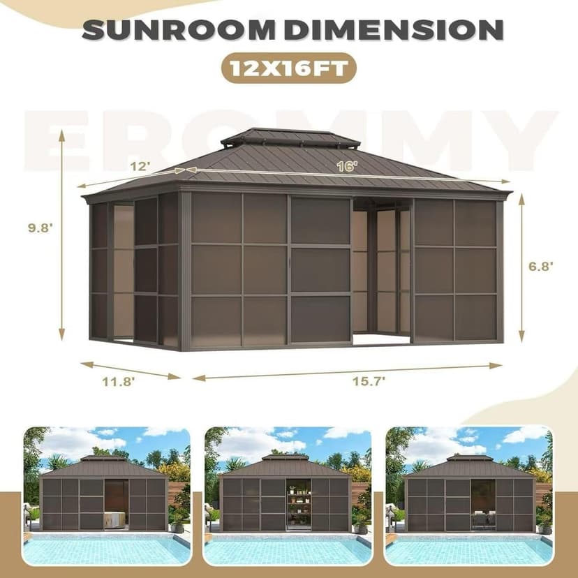 EROMMY 12' x 16' Sunroom, All-Season Gazebo Solarium with Sliding Doors, Lockable PC Screen Walls, Outdoor Permanent Sun Room with Galvanized Steel Roof, Aluminum Frame, for Garden, Patio, Deck
