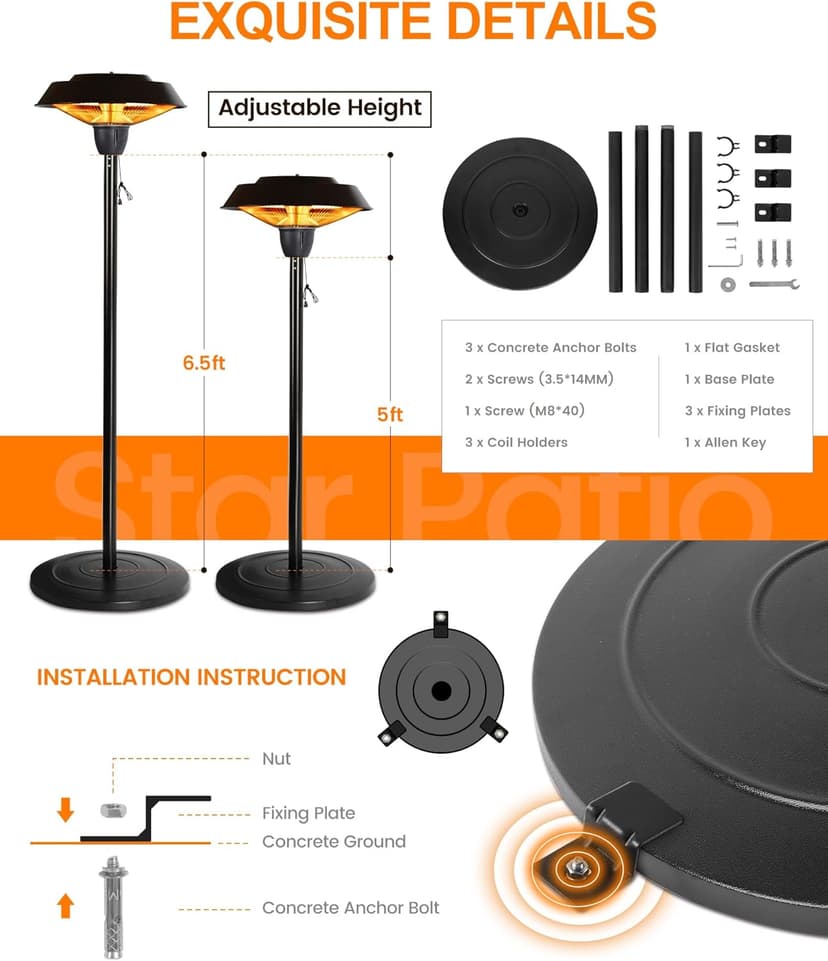 Star Patio Electric Outdoor Heater, Freestanding Patio Heater, Infrared Heater, Hammered Bronze Finished, Tip-Over Protection, Adjustable Height and Silent Heating Heater, ZHQ1566-C-SN12024