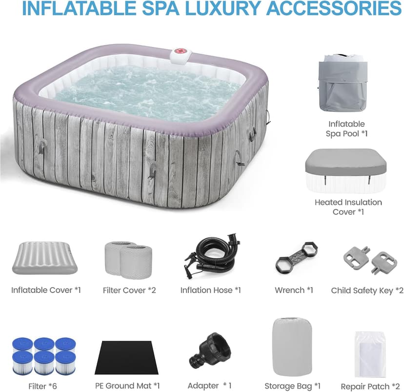 Inflatable Spa Set, Blow Up Hot Tub Outdoor for 4-6 Person, Outdoor Bubble Massage Portable Hot Tub with 130 Soothing Jets, Built in Heater Pump and 6 Filter Cartridges (Square)