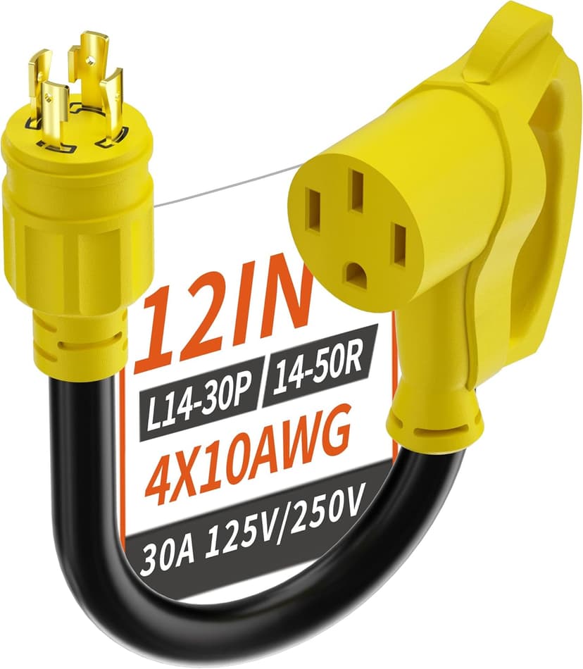 4 Prong 30 Amp to 50 Amp RV Generator Adapter Cord, NEMA L14-30 Twist Lock Male Plug to NEMA 14-50 Female Plug, 12 Inch(1 FT) 10 Gauge STW Power Cord, Max 30A 125V/250V, Yellow, ETL Listed
