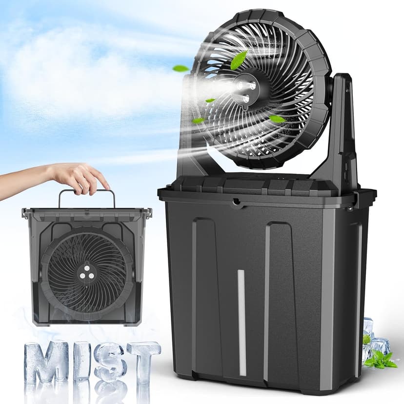 Ausic 9L Bucket Portable Misting Fan for Outdoors Patios, 20000mAh Rechargeable Battery Operated Camping Fan, 3 Strong Winds, 3 Large Spray Outlets, for Fishing/Travel/Garden Party/Golf/Tent/Office