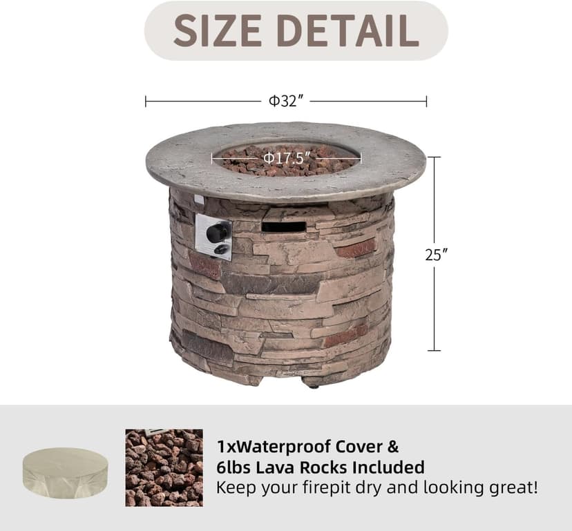 SUNBURY Outdoor Fire Pit Propane Round Fire Pit Table Fire Column, Stonecrest 40,000 BTU Gas Fire Pits for Outside w Lava Rocks, Waterproof Cover, CSA Certified