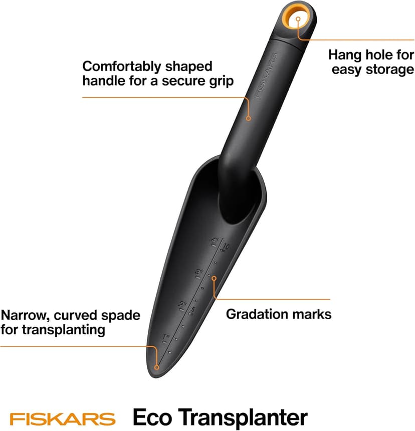 Fiskars Eco Transplanter with Narrow Curved Spade, Depth Markings, Ergonomic Handle, UV Resistance, Ideal for Seedlings and Small Plants