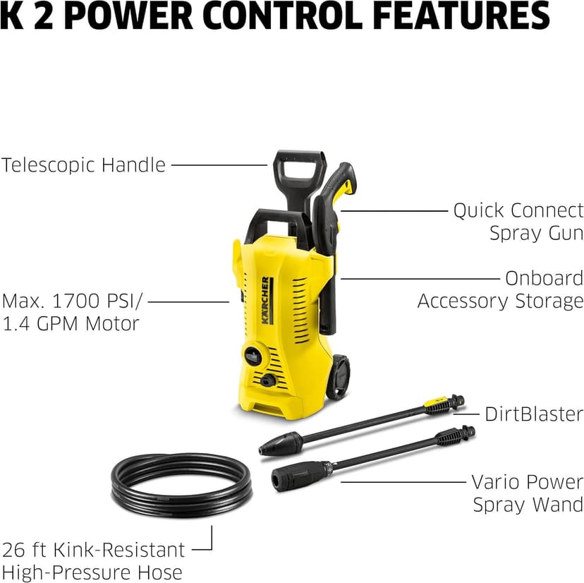 Kärcher Pressure Washer, K2 Power Control, Max 2000 PSI, 25 ft. Hose, 2 Spray Wands - 1.45 GPM