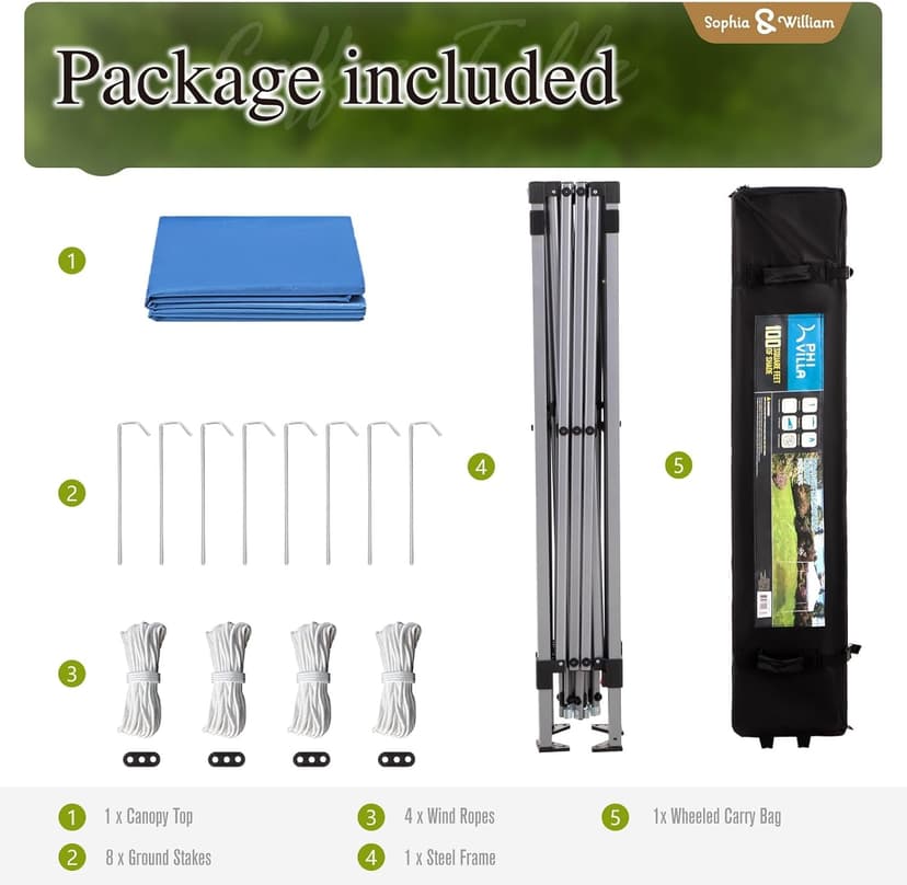 Canopy Tent Pop Up 10x10 ft, Outdoor Patio Portable Commercial Canopies Shelter Heavy Duty Straight Legs with Roller Bag, 8 Stakes, 4 Guy Ropes, UPF50+, Blue, Sophia & William