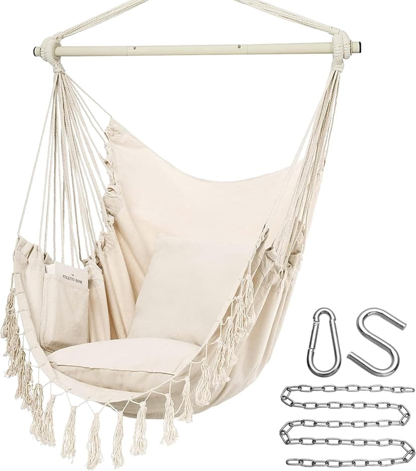 Y- Stop Hammock Chair Hanging Rope Swing, Max 500 Lbs, 2 Cushions Included, Large Macrame Hanging Chair with Pocket for Superior Comfort, with Hardware Kit (Beige)