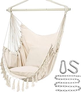 Y- Stop Hammock Chair Hanging Rope Swing, Max 500 Lbs, 2 Cushions Included, Large Macrame Hanging Chair with Pocket for Superior Comfort, with Hardware Kit (Beige)