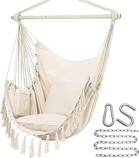 Y- Stop Hammock Chair Hanging Rope Swing, Max 500 Lbs, 2 Cushions Included, Large Macrame Hanging Chair with Pocket for Superior Comfort, with Hardware Kit (Beige)