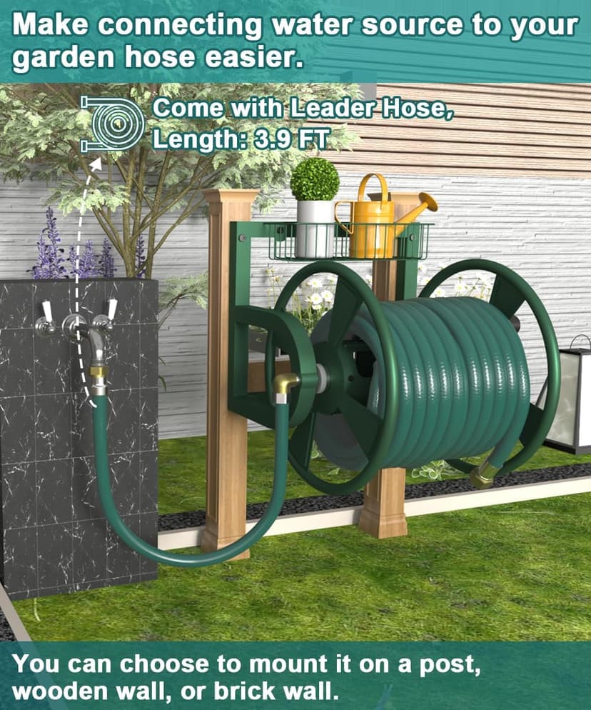 Garden Wall Mounted Hose Reel, Outdoor Heavy-Duty Water Hose Holder Winder, Holds 125 Feet of 5/8-Inch Hose, with 3.9 ft Leader Hose, Brass Fitting and Storage Basket for Yard, Green