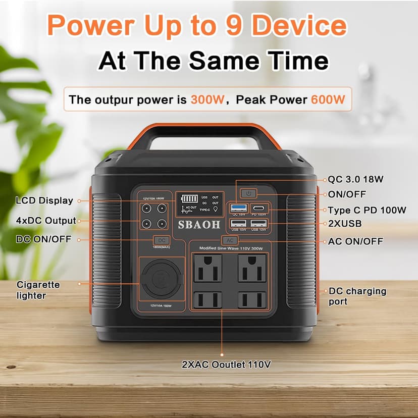 Portable Power Station, 300W 296Wh Solar Generator Quick Charge / 110V AC Outlets/DC Ports and LED Flashlight, Lithium Battery Backup for Home Outdoor Travel Camping Blackout
