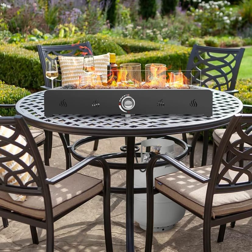 Onlyfire 28'' Tabletop Fire Pit Table, Propane Gas Firepit with Bottom Air Intake, Glass Wind Guard and Lava Rock, Outdoor Rectangular Smokeless Fireplace