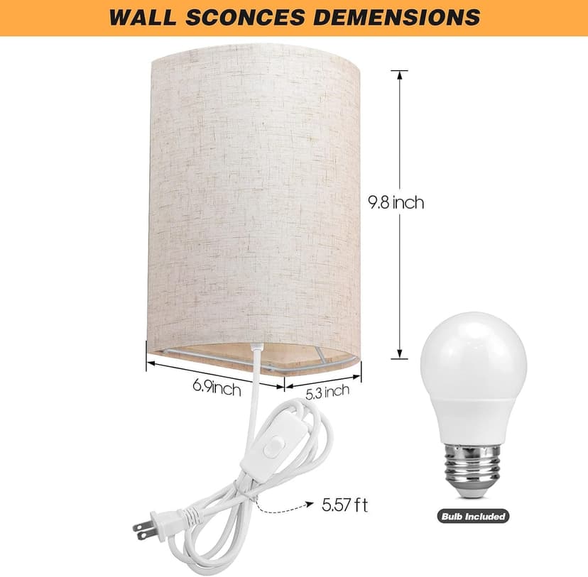 Plug in Wall Sconce, 3 Color, Set of Two, Industrial Wall Lamp with Plug in Cord, Rustic Fixture, On/Off Switch Vintage Wall Light Fixture for Headboard Bedroom Porch (Beige)