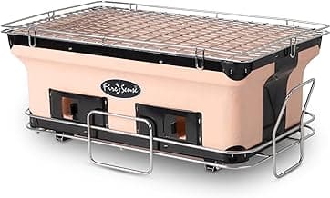 Fire Sense 60450 Yakatori Internal Grates Charcoal Chrome Cooking Grill Japanese Table BBQ Handmade Using Clay Adjustable Ventilation For Outdoor Barbecues Camping Traveling - Large - Tan
