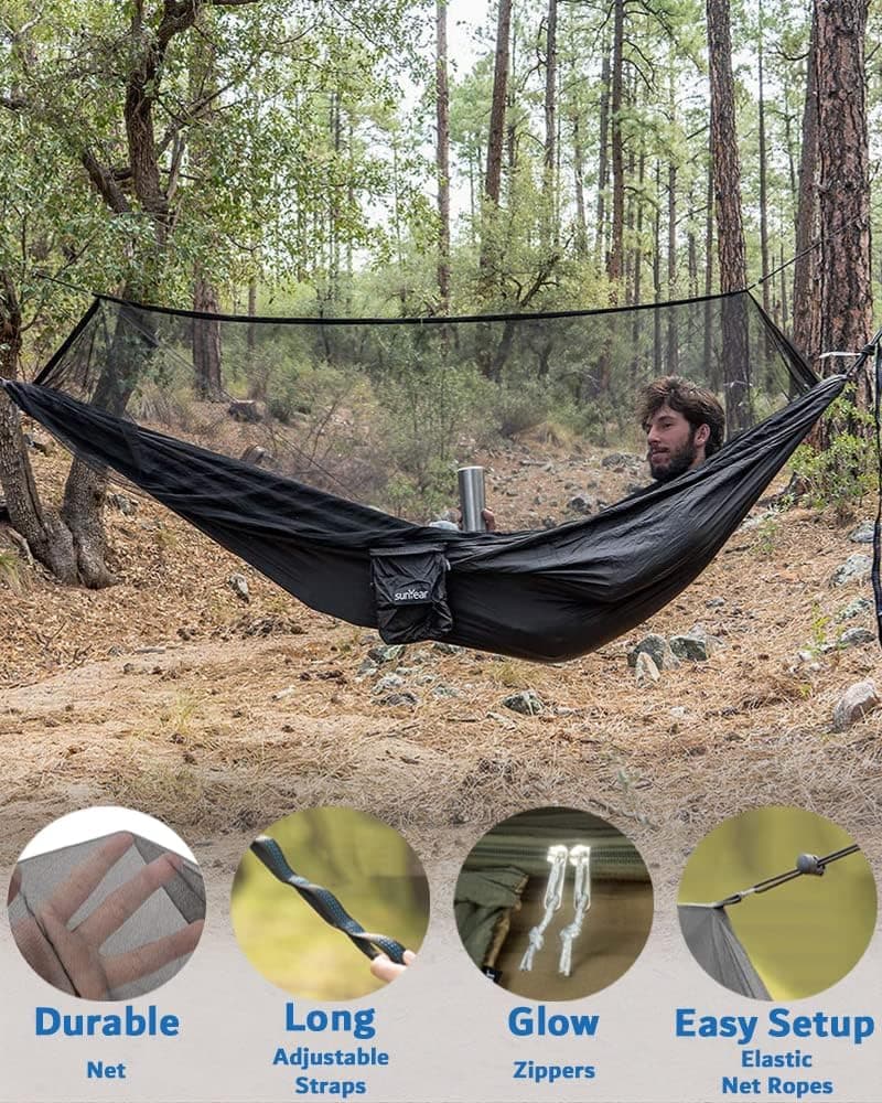 Sunyear Hammock Camping with Rain Fly Tarp and Net, Portable Camping Hammock Double Tree Hammock Outdoor Indoor Backpacking Travel & Survival, 2 Tree Straps,100% Waterproof