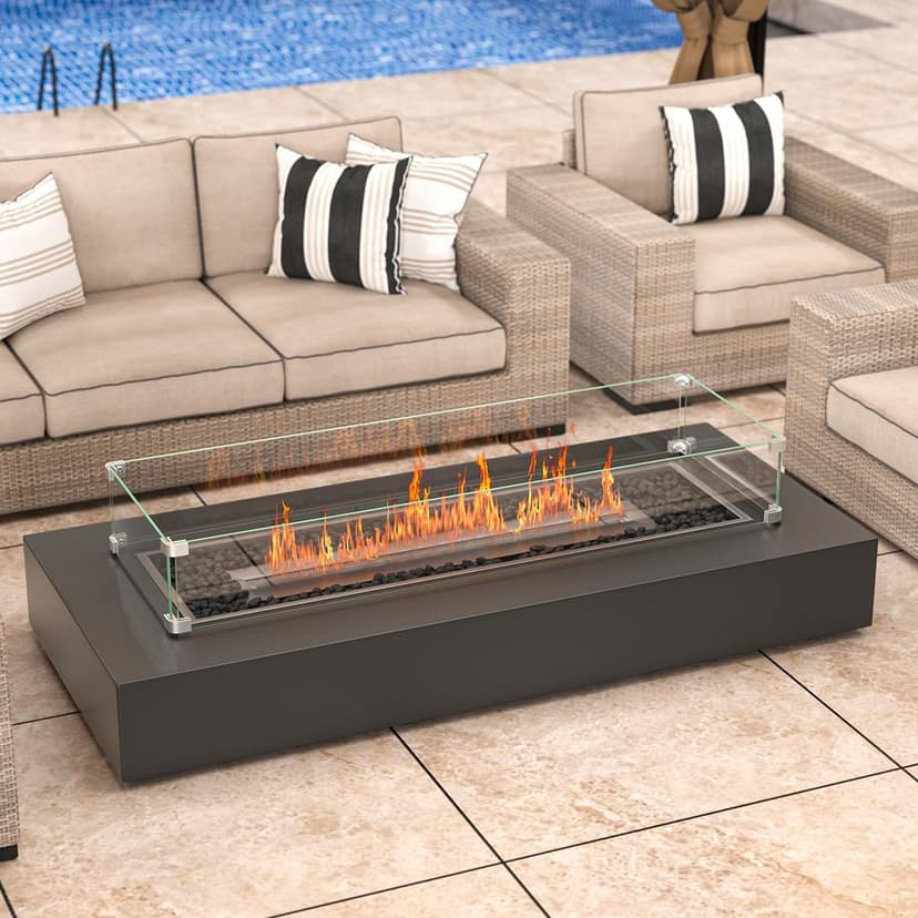 41.5 x 13.5 x 6 Inch Glass Wind Guard for Propane Gas Fire Pit Table, Rectangular Thick Tempered Glass Shield, Firepit Glass Barrier with Aluminum Corner Bracket & Rubber Feet