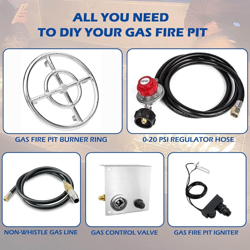 GRISUN Fire Pit Burner Ring Kit 12 Inch, Propane Fire Pit Kits, Come with Propane Fire Pit Hose Kit and Upgraded Gas Control Spark Ignition Kit, DIY Round Gas Fire Pit Kit, Stainless Steel