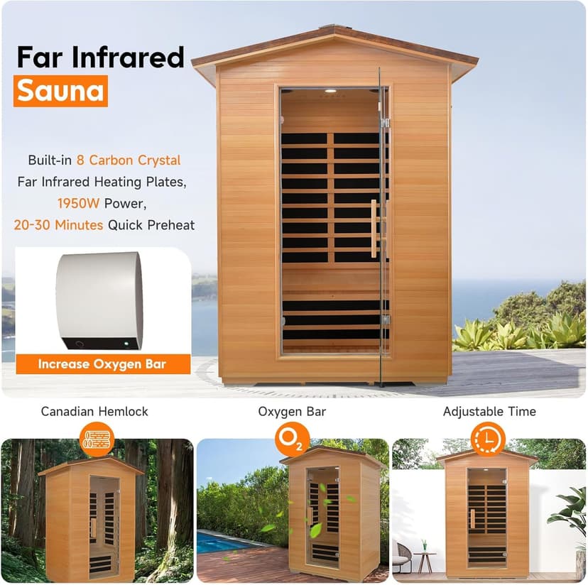 Outdoor Sauna 2 Person Far Infrared Saunas Dry Home Sauna Room Hemlock 1 to 2 Person Wood Sauna 1950W/110V Low EMF with Bluetooth Speaker, Reading Light, Cup Holder and Towel Rack - 47*39*82 IN