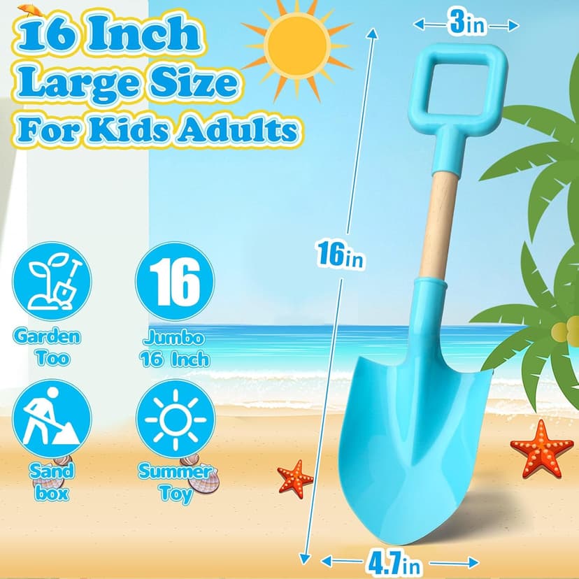 Beach Sand Toys 16" Shovels for Kids Adults, 16 Inch Spade Scoop Gardening Tools, Sandbox Kit Wood Handle Spade for Garden Outdoor Snow Backyard Summer 3 Gift Pack Pink Yellow Blue