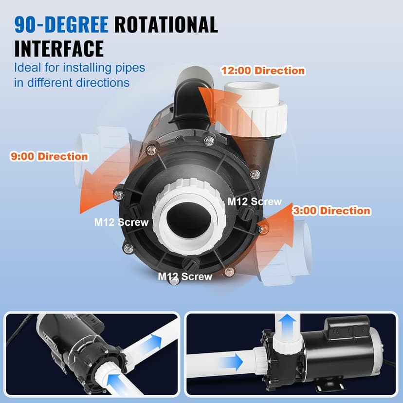 VEVOR 2 Speed SPA Pump, 56-Frame, AC 220V Hot Tub SPA Pump, 3 HP / 200 GPM / 65.61 ft High Speed or 0.4 HP / 100 GPM / 16.07 ft Low Speed, 2'' Port 90° Rotational Interface for Hot Tub