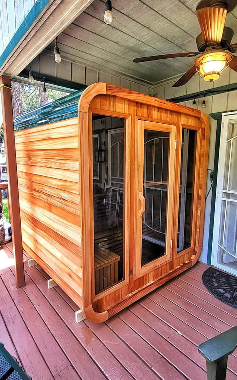 Customize Luxury Outdoor Sauna 6-10 Person, Canadian Hemlock, Red Cedar Sauna, Porch Option, Glass Window Option, Wood Burning Stove or Harvia Heater with Rocks, Extra Large Backyard Saunas (0-195 °F)