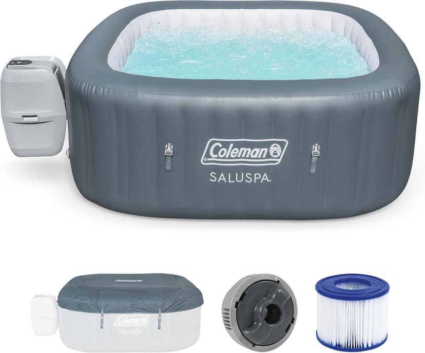Coleman SaluSpa AirJet 4 to 6 Person Inflatable Hot Tub Square Portable Outdoor Spa with 114 Soothing AirJets and Insulated Cover, Gray