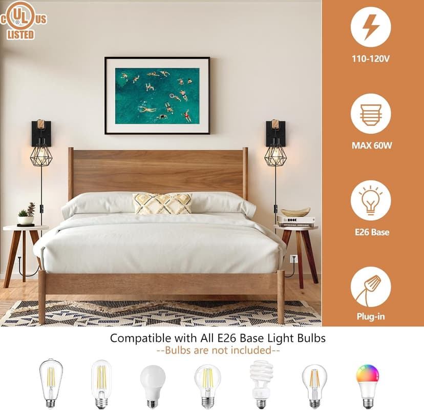 Plug in Wall Sconces Set of Two, Vintage Wood Wall Lamps with Plug in Cord, Farmhouse Wall Light Fixture with 5.25FT On/Off Switch Cord, Indoor Wall Lamp for Bedroom Living Room