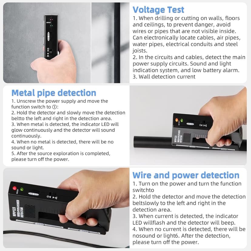 Wpp123 Metal Detector, Wire Pipe Power Detector, 3in1 Wall Scanner Metal Detectors High Sensitivity, Adjustable Wood Stud Finder Handheld Wall Scanner with Alarm for Indoor Decoration Structure