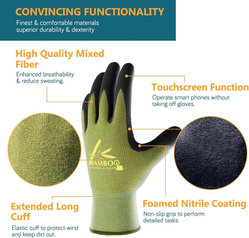 COOLJOB 2 Pairs Gardening Gloves for Women and Men, Bamboo Working Gloves Touchscreen, Grippy Nitrile Rubber Coated Work Gloves, Green/Black, X-Large Size (2 Pairs XL)