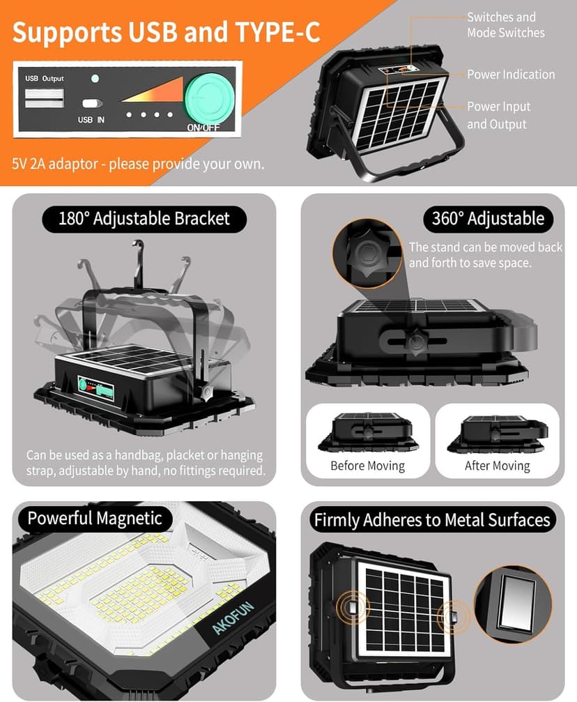 200W LED Solar Work Light Rechargeable, 16000LM Magnetic Worklight 3000K/4500K/6500K, 16000mAh Battery, IP66 Waterproof Portable Solar Outdoor Working Light for Emergency, Camping, 2 Pack