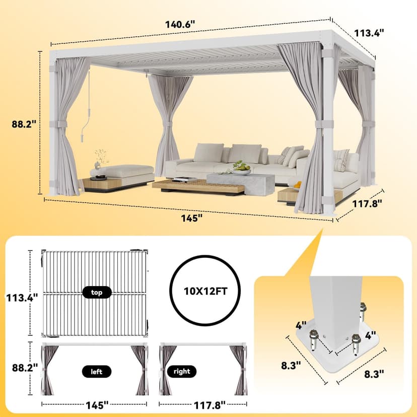 Louvered Pergola 10x12ft, Adjustable Aluminum Pergola with Waterproof Curtains and Nets, Sun & Rain Shade for Patio, Modern DIY Outdoor Living Upgrade, White