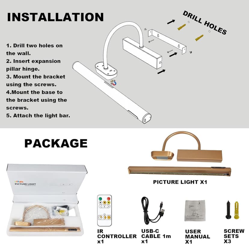 Dimmable Cordless Picture Light with Controller and Timer, Rechargeable 5000mAh Battery Wall Sconce for Wall Pictures, Gallery Artwork, Paintings, Portraits, Dartboards (Gold)