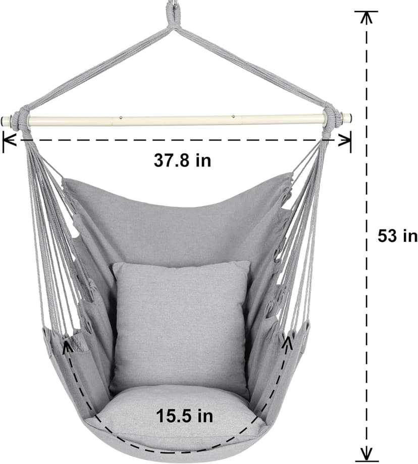 Y- Stop Hammock Chair Hanging Rope Swing Chair, Max 500 Lbs, 2 Seat Cushions Included, Removable Steel Spreader Bar with Anti-Slip Rings, Hardware kit-for Indoor or Outdoor(Light Grey)