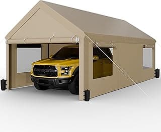JAMFLY Carport, 10x20 ft Heavy Duty Carport with Roll-up Windows, Portable Garage with Removable Sidewalls & Doors, Car Canopy with Sandbags and All-Season Tarp for Car Boat Truck Motorcycle
