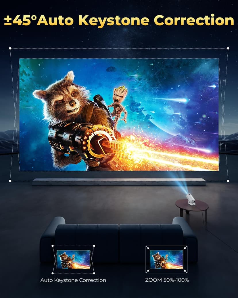 [Built-in Apps & Star Modes & Ambient Light] OPOQO 4K Mini Projector with WiFi and Bluetooth, Full HD 1080P Supported, 270° Portable Outdoor Movie Projector for TV Stick/Smartphone/HDMI/USB