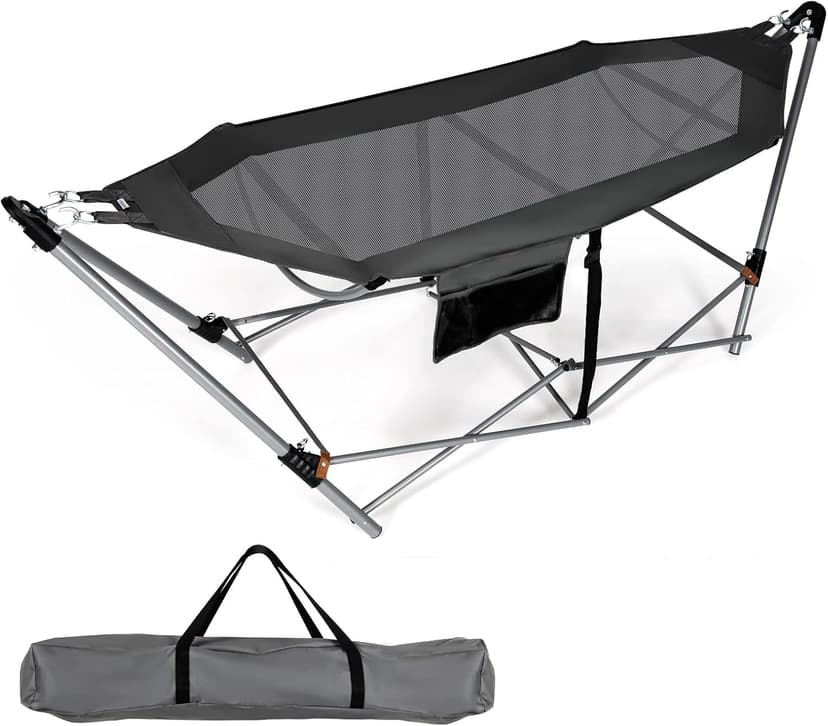 Portable Folding Hammock w/Side Pocket, Lounge Camping Bed w/Metal Stand & Anti-tip Buckles, Outdoor Camping Hammock with Carrying Bag for Patio Garden Yard, Easy Assembly (Grey)