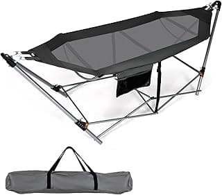 Portable Folding Hammock w/Side Pocket, Lounge Camping Bed w/Metal Stand & Anti-tip Buckles, Outdoor Camping Hammock with Carrying Bag for Patio Garden Yard, Easy Assembly (Grey)