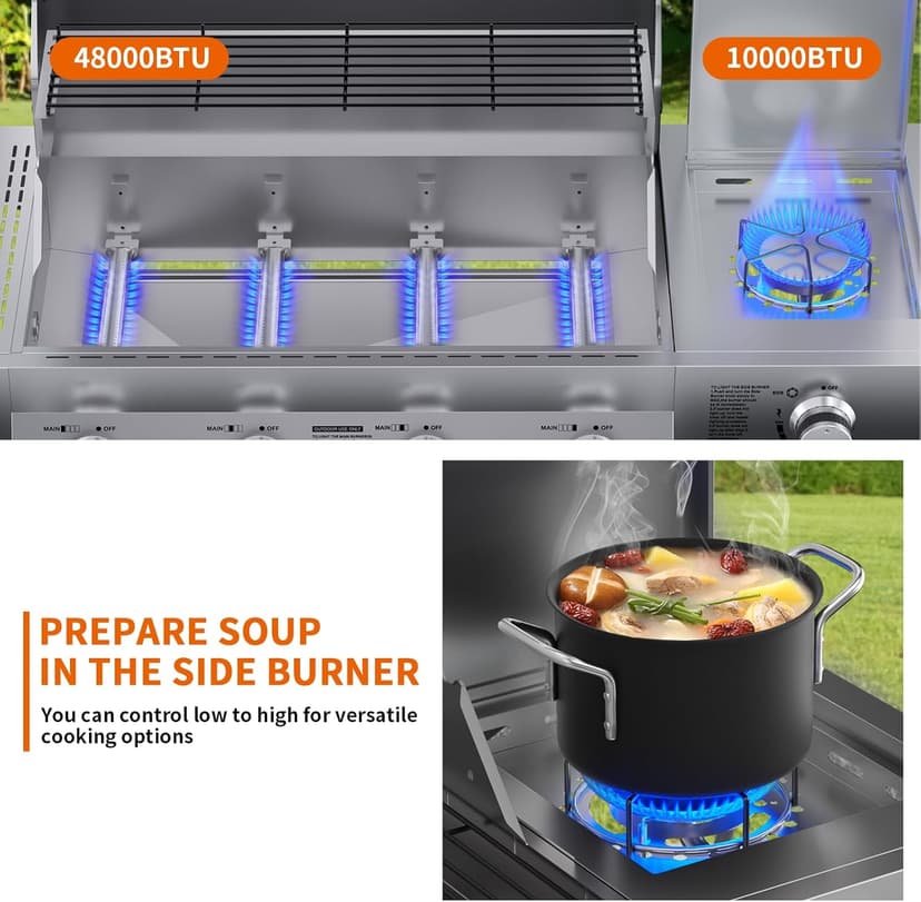 SKOK 4-Burner Propane Gas BBQ Grill with Side Burner & Porcelain-Enameled Cast Iron Grates,Stainless Steel Grill with 544 Sq. In. Grilling Area for Outdoor Cooking,58,000 BTU Output