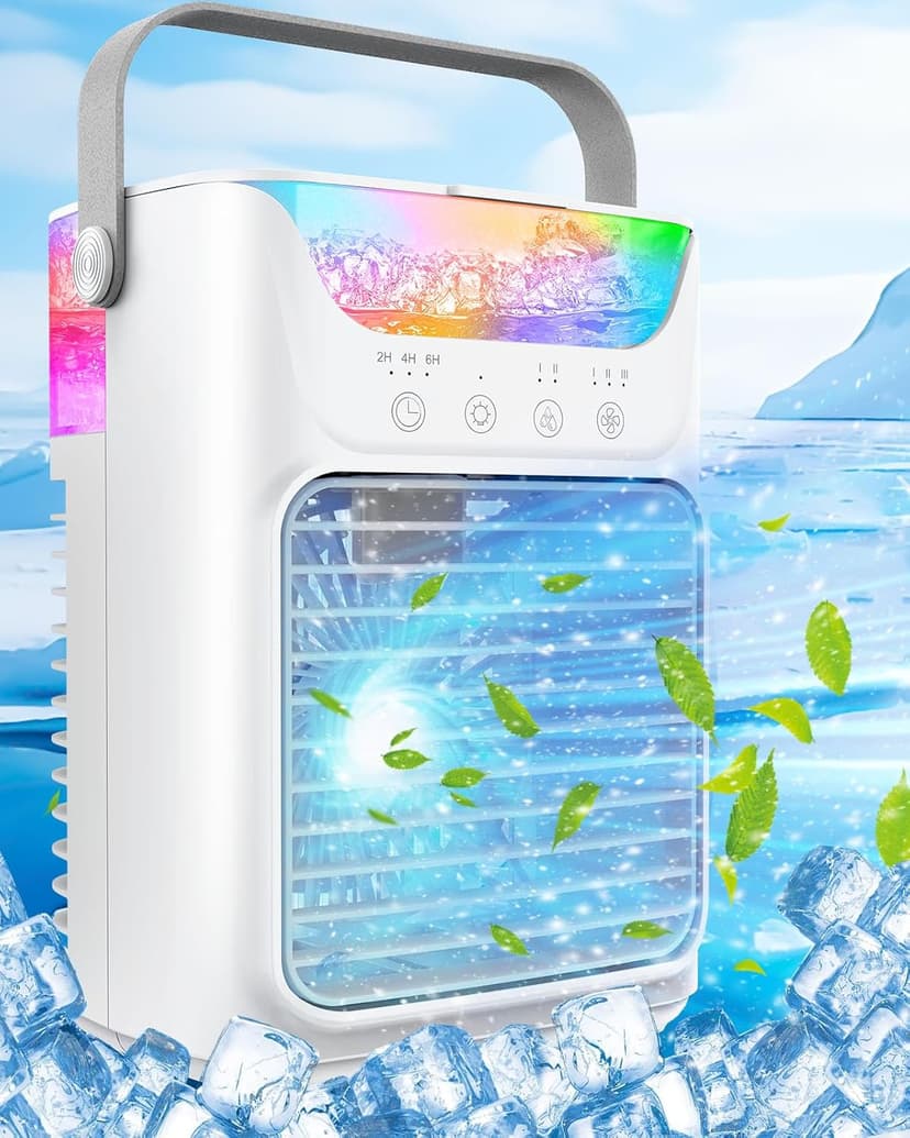 Portable Air Conditioners, 3 Wind Speeds & 7 LED Lights Evaporative Personal Air Cooler, 4 in 1 Portable AC with 650 mL Large Water Tank, Mini Air Conditioner for Bedroom/Car/Home/Camping/Room