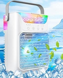 Portable Air Conditioners, 3 Wind Speeds & 7 LED Lights Evaporative Personal Air Cooler, 4 in 1 Portable AC with 650 mL Large Water Tank, Mini Air Conditioner for Bedroom/Car/Home/Camping/Room